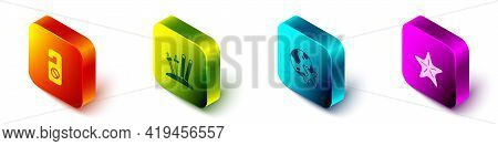 Set Isometric Please Do Not Disturb, Ski And Sticks, Globe With Flying Plane And Starfish Icon. Vect