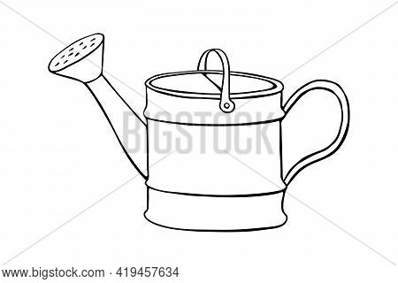 Watering Can In Hand Drawn Doodle Style Isolated On White Background. Vector Outline Illustration. T
