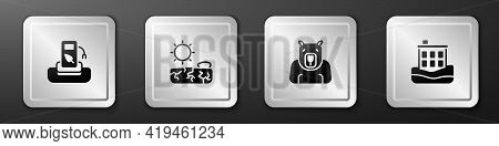 Set Petrol Or Gas Station, Drought, Polar Bear Head And House Flood Icon. Silver Square Button. Vect