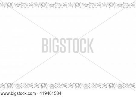 Vector Hand Drawn Border, Frame Of Outline Flowers And Garden Equipments. Horizontal Top And Bottom 