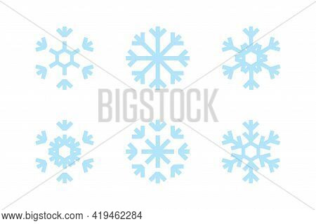 Blue Snowflakes On White Background. Blue Snowflakes Vector Set. Isolated Vector. Window Frozen Glas