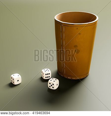 A leather cup and fhree dice showing six. 3D illustration