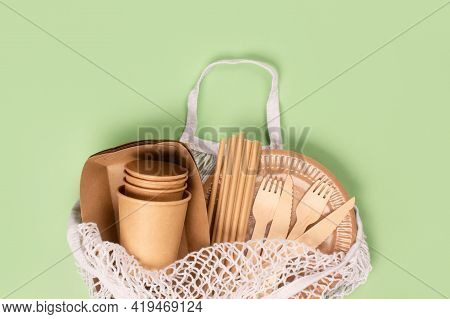 Flat Lay, Eco-friendly Tableware - Kraft Paper Food Cups And Containers With Wooden Cutlery In White