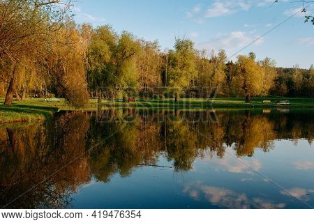 Reflection Of Trees In The Water, Sunset In The Park