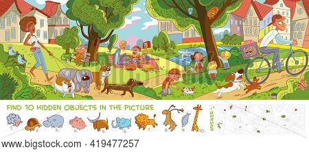 Rest In City Park. Panorama. Find 10 Hidden Objects In The Picture. Puzzle Hidden Items. Funny Carto