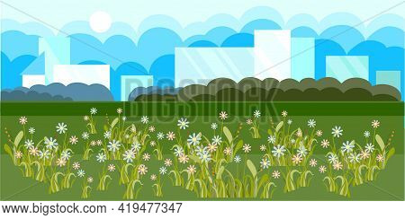 Spring Landscape Town Blooming Flower Blue Cloud Flat Design Art Design Elements Stock Vector Illust