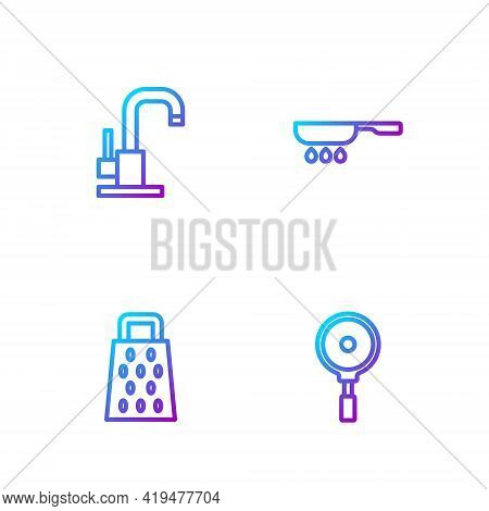 Set Line Frying Pan, Grater, Water Tap And . Gradient Color Icons. Vector