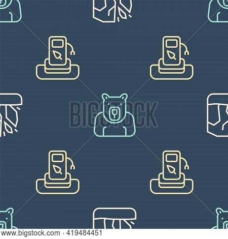 Set Line Glacier Melting, Petrol Or Gas Station And Polar Bear Head On Seamless Pattern. Vector