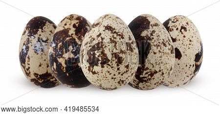 Isolated Quail Eggs. Five Spotted Bird Eggs Isolated On A White Background With A Clipping Path.