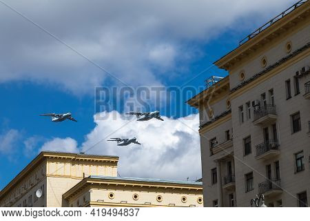 May 5, 2021, Russia, Moscow. Rehearsal Of The Air Force Parade . Military Transport Plane Il-76 Airc