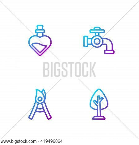 Set Line Forest, Gardening Handmade Scissors, Bottle With Love Potion And Water Tap. Gradient Color 