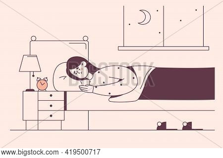 Sleep Disorder, Insomnia Concept. Young Tired Sad Sleepless Woman Lying In Bed With Smartphone And S