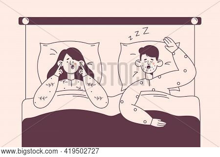 Snore, Insomnia, Bad Sleep Concept. Annoyed Stressed Young Woman Cartoon Character Suffering From In