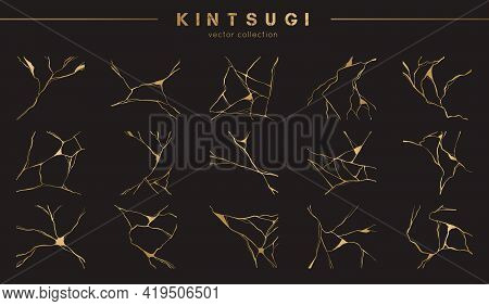 Set Of Gold Kintsugi Vector Patterns. Japanese Art Of Repairing Broken Pottery. Vector Broken And Cr