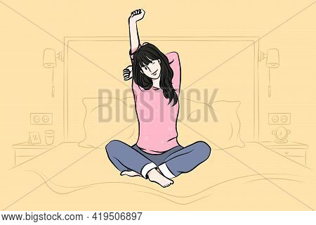 Relaxation And Having Rest At Home Concept. Young Happy Woman In Pajama Stretching Her Arms And Smil