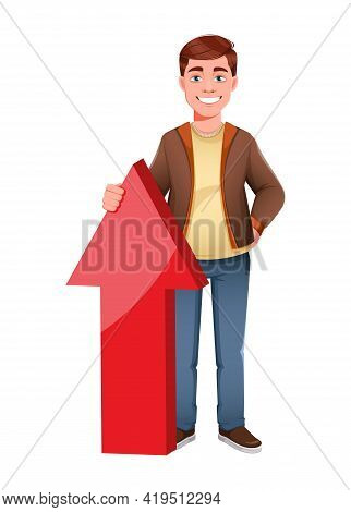 Handsome Business Man Standing Near Big Arrow. Young Businessman Cartoon Character In Flat Style. St