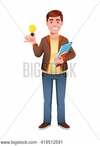 Handsome Business Man Having A Good Idea. Young Businessman Cartoon Character In Flat Style. Stock V