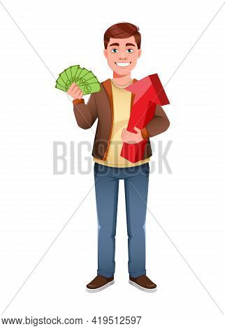 Handsome Business Man Holding Money And Red Arrow. Young Businessman Cartoon Character In Flat Style