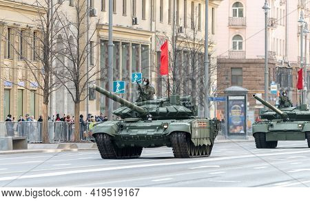 April 30, 2021 Moscow, Russia. Russian T-72b3 Main Battle Tank On Tverskaya Street In Moscow.