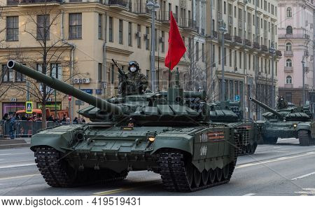 April 30, 2021 Moscow, Russia. Russian T-72b3 Main Battle Tank On Tverskaya Street In Moscow.