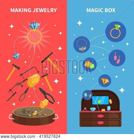 Making Jewelry Vertical Banners Set With Magic Jewel Box Flat Isolated Vector Illustration