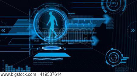 Animation of medical data processing with human model in blue scope scanning on black background. global technology and digital interface concept digitally generated image.