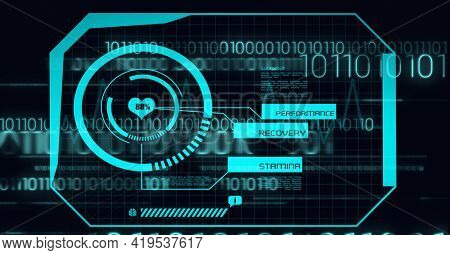 Animation of medical data processing with heart rate monitor in scope, binary coding on black. global technology and digital interface concept digitally generated image.