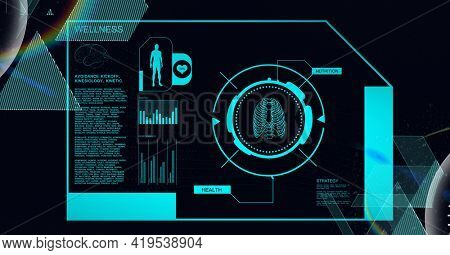 Animation of medical data processing with human model and lungs in scope scanning on black. global science, medicine, technology and digital interface concept digitally generated image.
