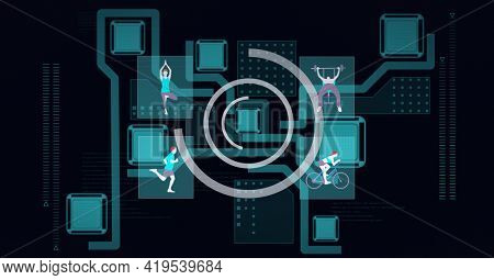 Animation of scopes scanning over people exercising on network of connections on black background. global technology and digital interface concept digitally generated image.