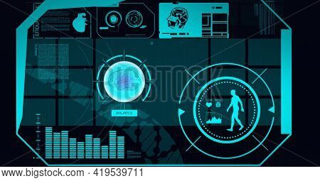 Animation of scopes scanning, human brain and model over screen on black background. global science, medicine, technology and digital interface concept digitally generated image.