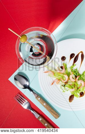 Elegant Food In Trend Color Style - Green Salad With Shrimps And Cocktail Decorated Green Olive With