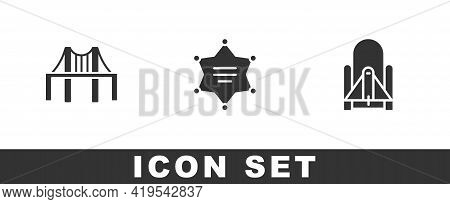 Set Golden Gate Bridge, Hexagram Sheriff And Rocket Launch From The Spaceport Icon. Vector