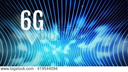 Composition of 6g text over glowing blue light trails on blue background. global networks, technology and digital interface concept digitally generated image.