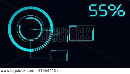 Animation of percent number and scope scanning on black background. global technology and digital interface concept digitally generated image.
