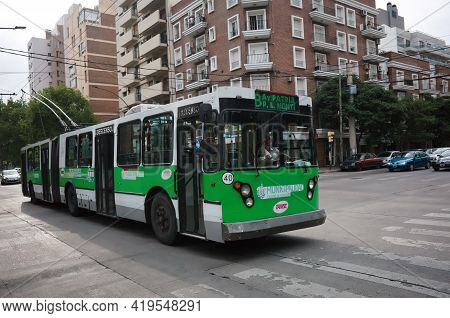 Cordoba, Argentina - January, 2020: Public Electrical Transport In Argentina - Green Articulated Piv