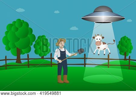 Flying Saucer Abducts Cow. Cartoon Style. Vector Illustration.