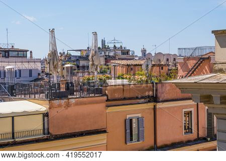 Beautiful View Of Rome In Italy. Ancient Historical Ruins, Famous Monuments, Alley's And Streets.