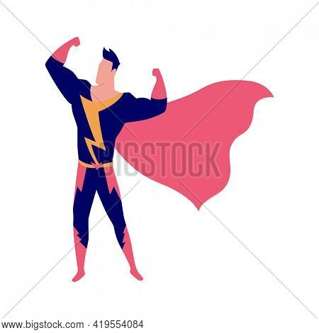 Character male superhero stand, cinema concept. Scenery for movie shooting and production process. Movie making, cartoon characters in stages of film production shooting in studio