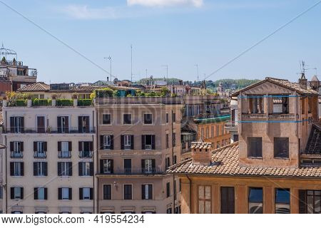 Beautiful View Of Rome In Italy. Ancient Historical Ruins, Famous Monuments, Alley's And Streets.