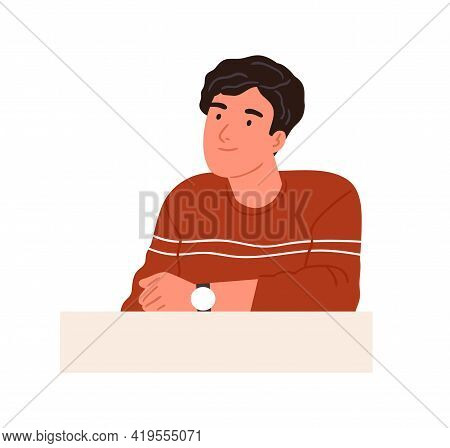 Happy Curious Person With Interested Face Looking At Smth, Sitting Behind Desk And Thinking. Smiling