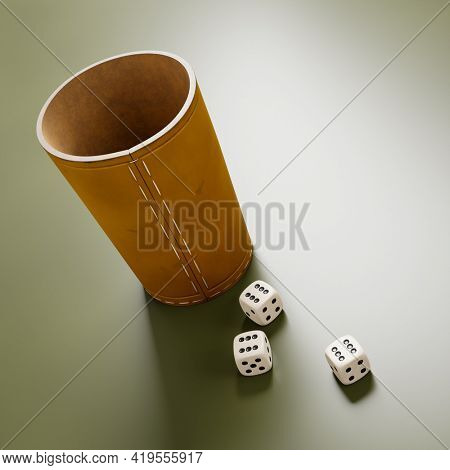 A leather cup and fhree dice showing six. 3D illustration