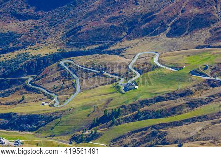 The Dolomites. The Passo-Pordoi pass is a mountain pass of the Dolomites. Italy - Austria. Alpine road - serpentine of South Tyrol
