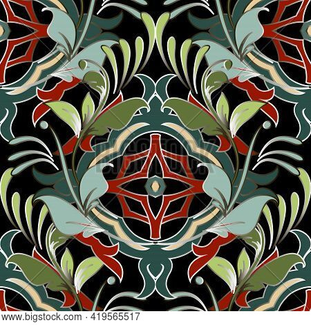 Floral Leafy Arabesque Seamless Pattern. Colorful Vector Spring Summer Background. Repeat Decorative