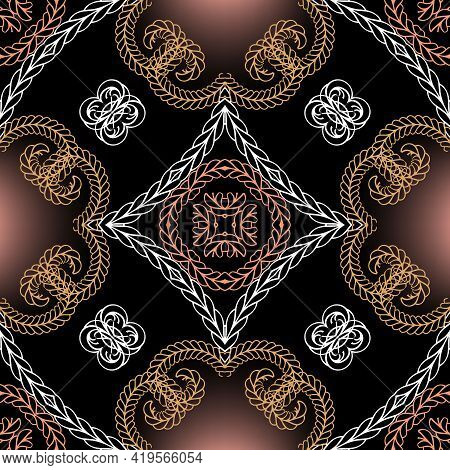 Braided Swirl Lines Floral Seamless Pattern. Ethnic Ornamental Vector Background. Repeat Decorative 