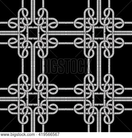 Ropes And Strings Seamless Pattern. Black And White Vector Background. Repeat Plaid Tartan Knitted O