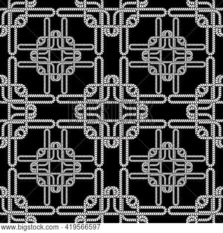 Ropes And Strings Seamless Pattern. Black And White Vector Background. Repeat Intricate Elegant Orna