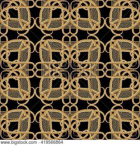 Ropes Seamless Pattern. Floral Ornamental Vector Greek Background. Repeat Decorative Gold Strings Or