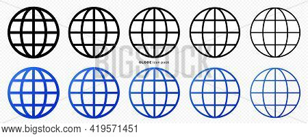 Globe Icons Set. Web Globe Flat Linear Icon. Silhouette Of The Globe With Meridians. Vector Elements