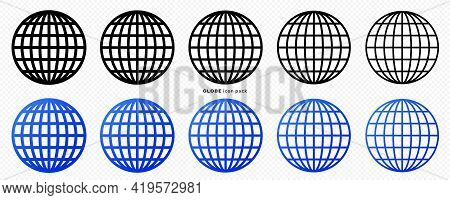 Globe Icons Set. Web Globe Flat Linear Icon. Silhouette Of The Globe With Meridians. Vector Elements
