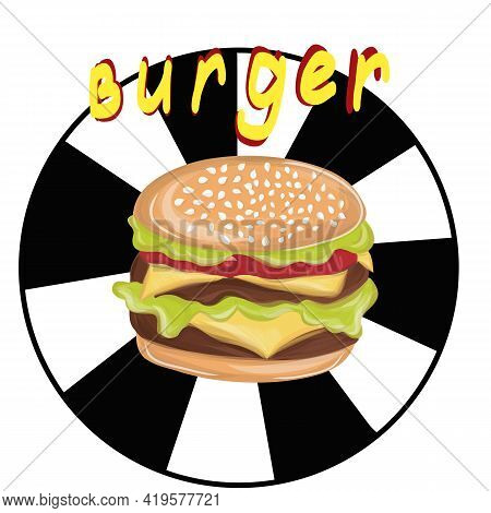 Hamburger Icon. American Cheeseburger With Lettuce Tomato Onion Cheese Beef And Sauce Close Up Isola